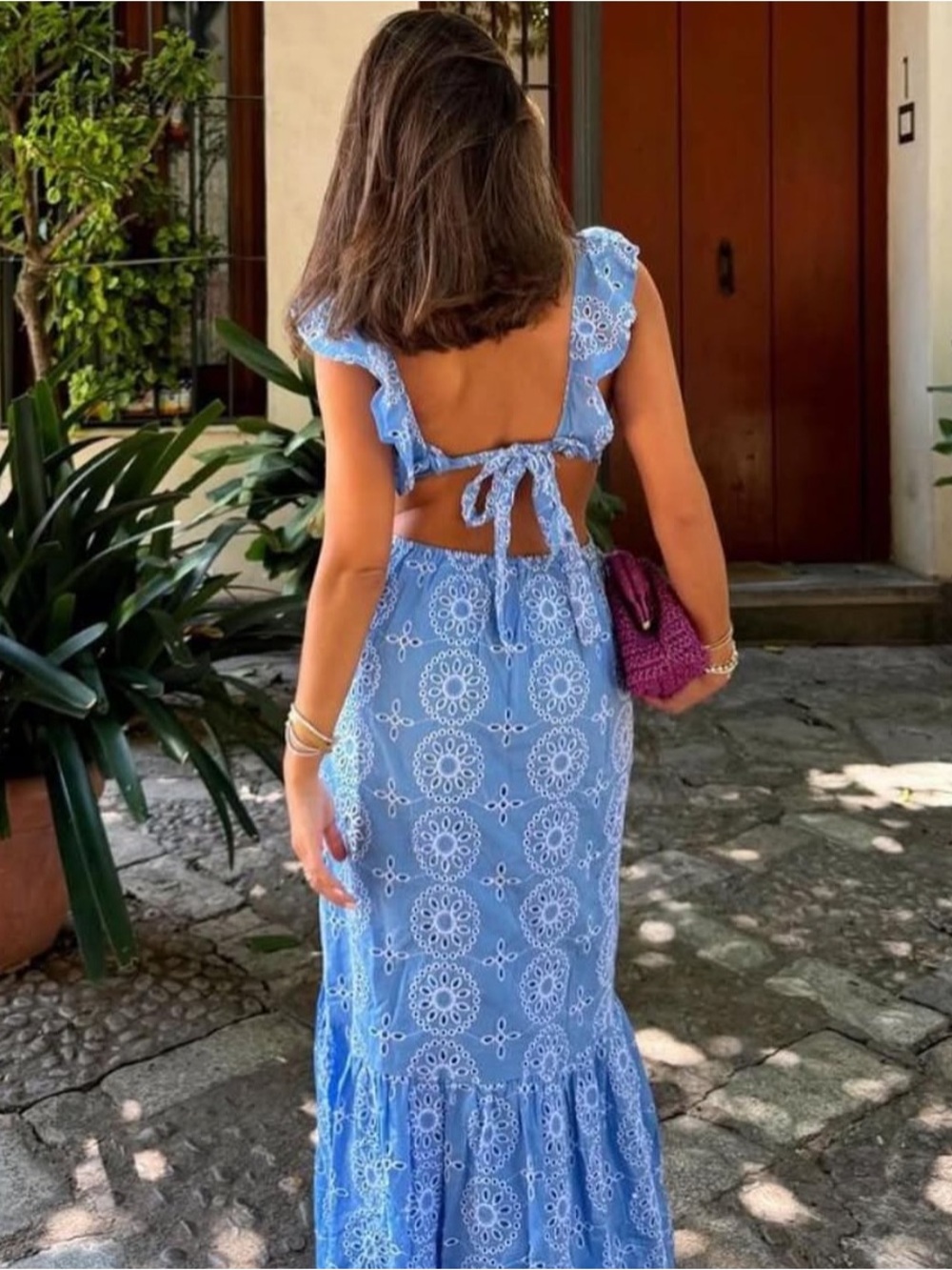 NWT Mango JULIET Openwork Detail Eyelet Ruffle Maxi Dress in Sky Blue - Picture 2 of 11